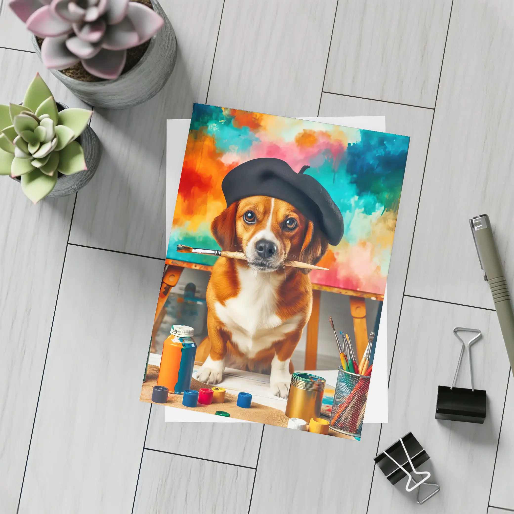 Beagle Artist Beret Paintbrush Colorful Studio – Postcards