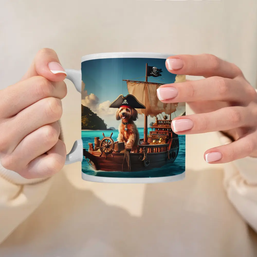 Goldendoodle Pirate Captain On Sailing Ship – Mugs