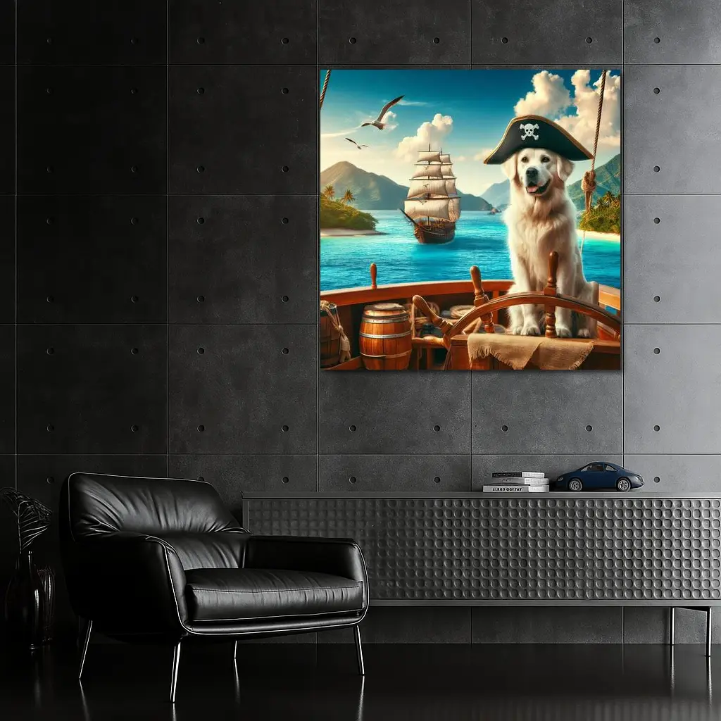 Golden Retriever Pirate Captain Tropical Ship – Wall Art