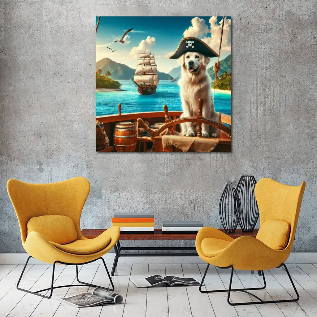 Golden Retriever Pirate Captain Tropical Ship – Wall Art