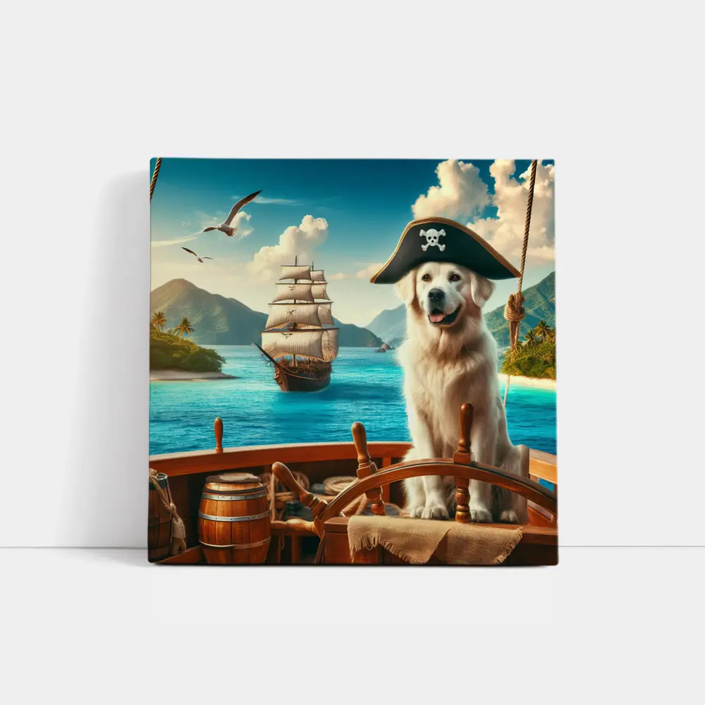 Golden Retriever Pirate Captain Tropical Ship – Wall Art