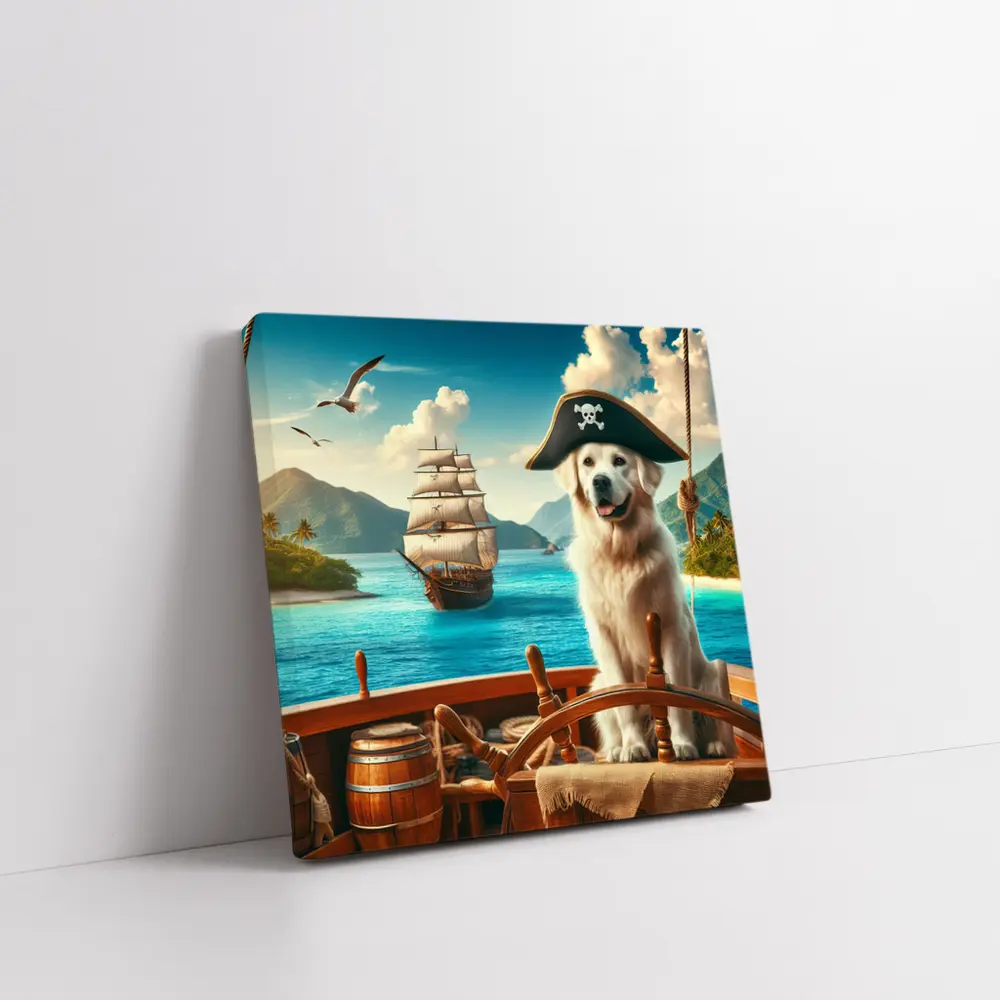 Golden Retriever Pirate Captain Tropical Ship – Wall Art