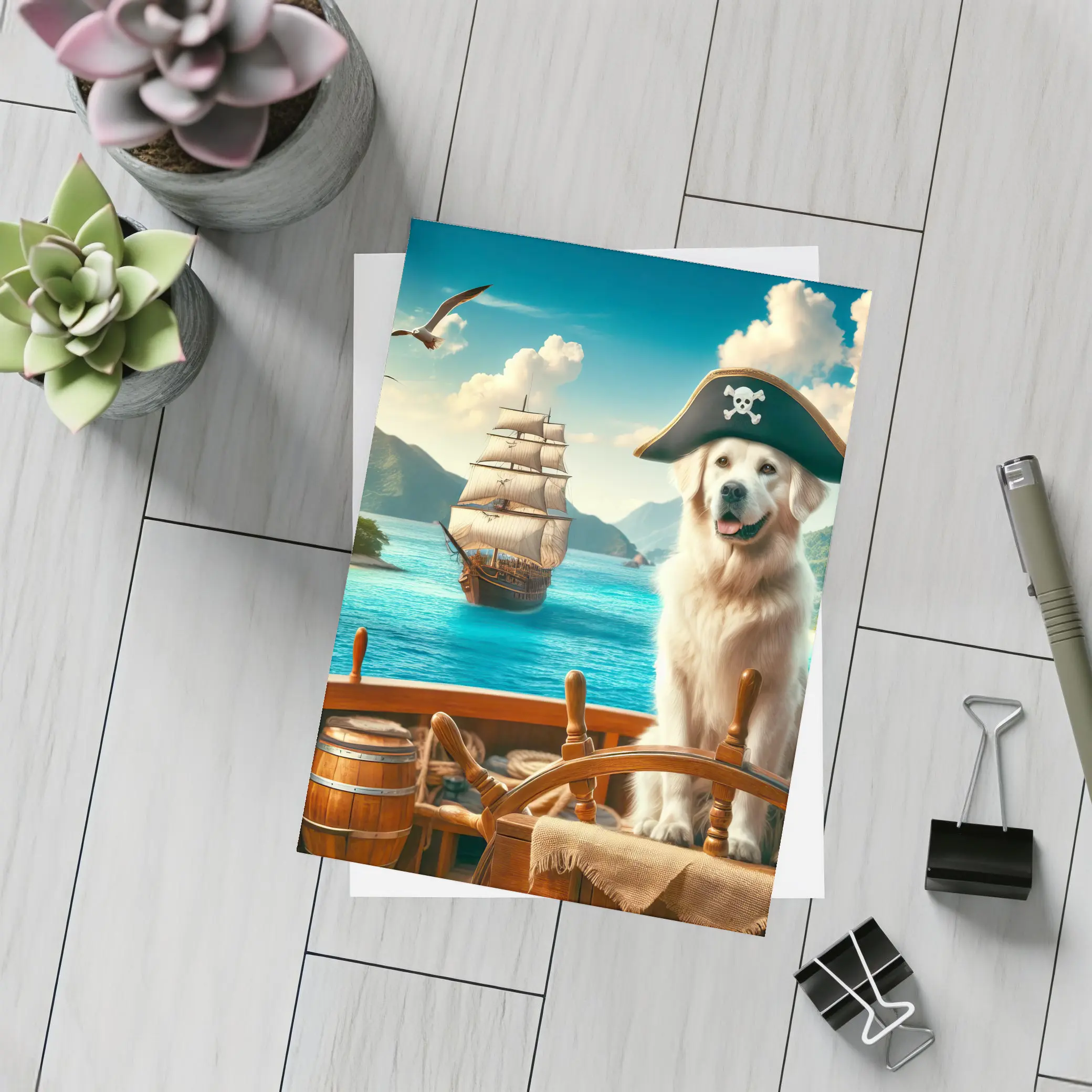 Golden Retriever Pirate Captain Tropical Ship – Postcards