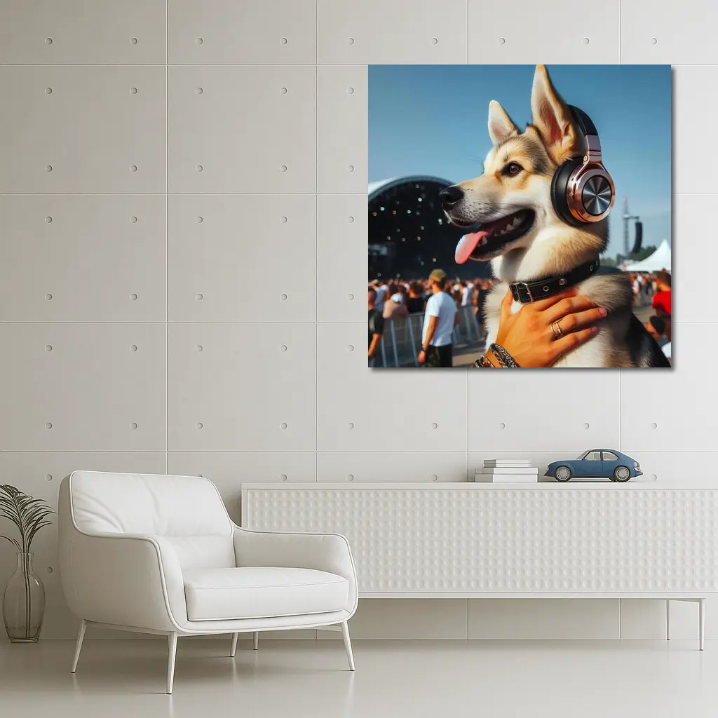 Husky Dog Wearing Headphones at Music Festival – Wall Art