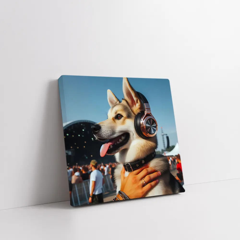 Husky Dog Wearing Headphones at Music Festival – Wall Art