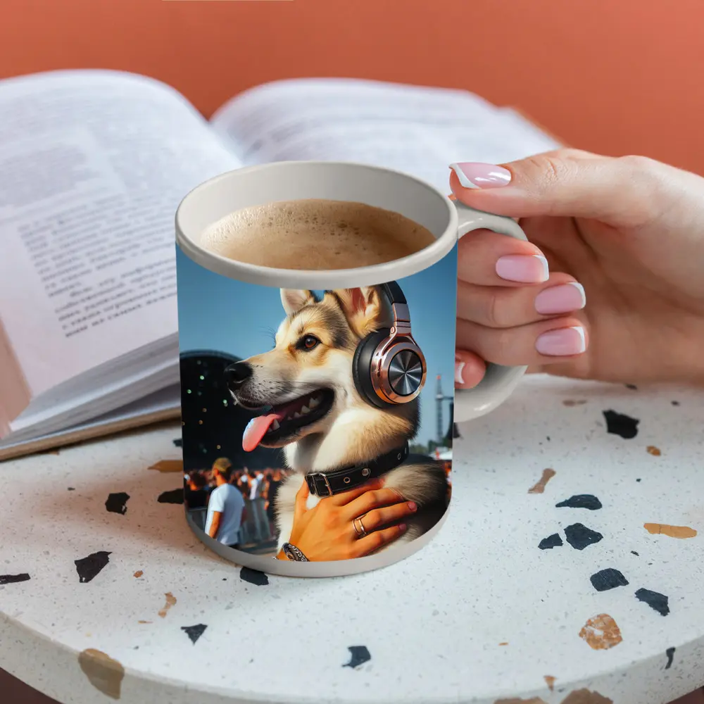 Husky Dog Wearing Headphones at Music Festival – Mugs