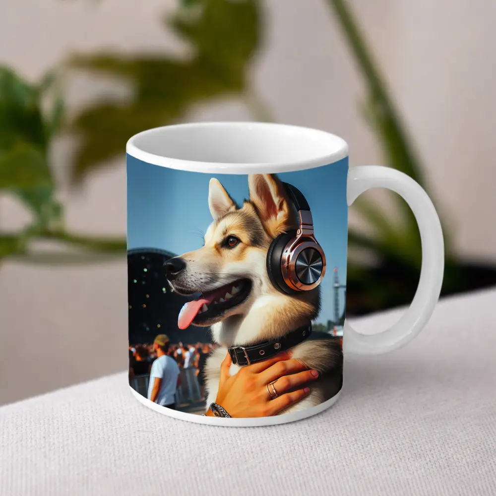 Husky Dog Wearing Headphones at Music Festival – Mugs