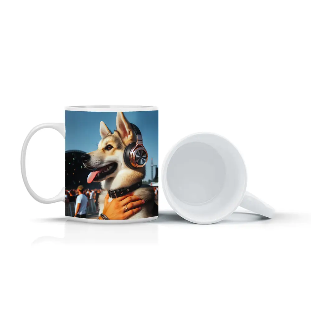 Husky Dog Wearing Headphones at Music Festival – Mugs