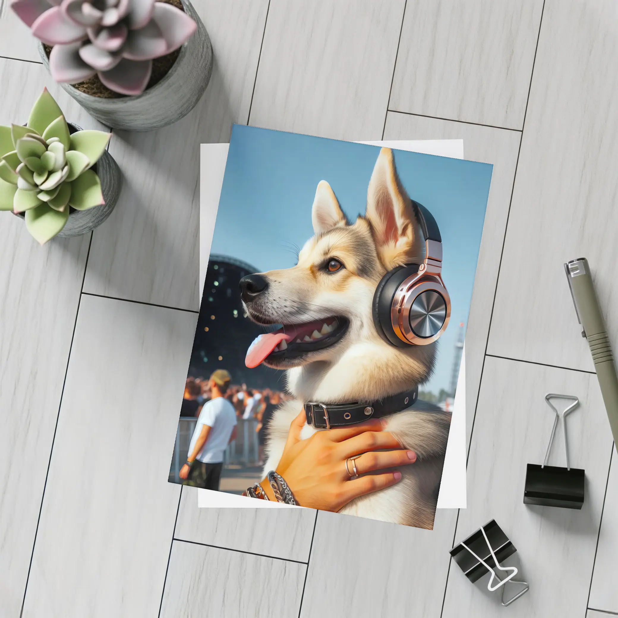 Husky Dog Wearing Headphones at Music Festival – Postcards