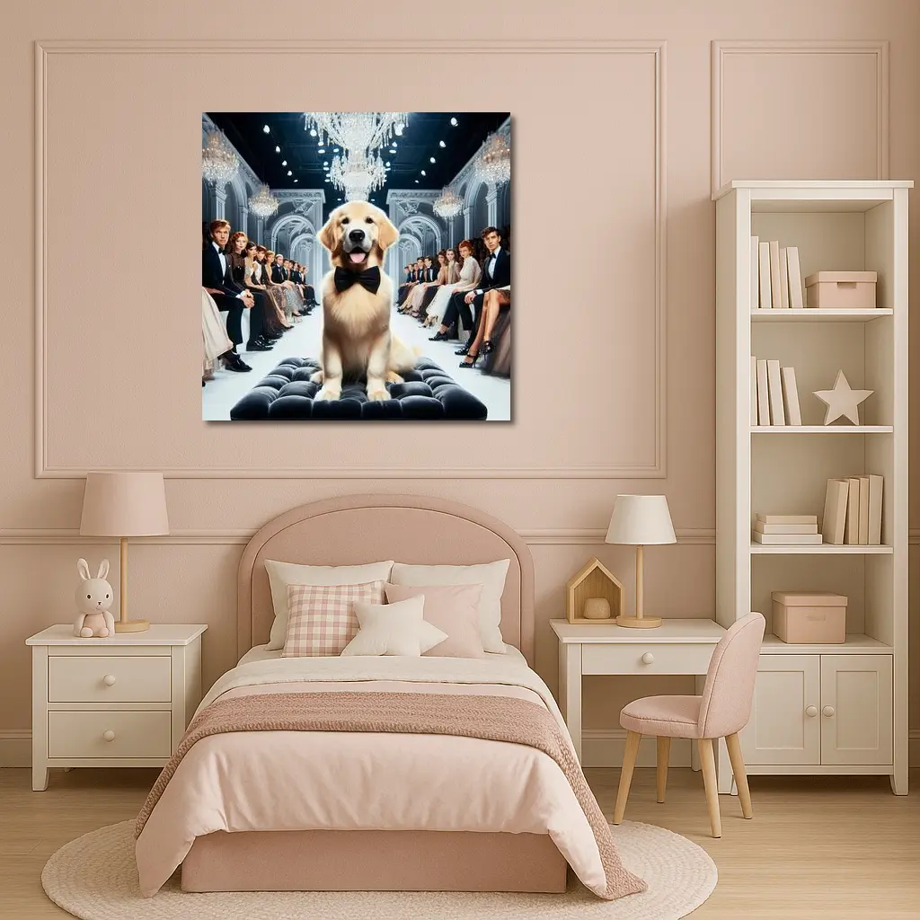 Golden Retriever Puppy Bow Tie Fashion Runway – Wall Art