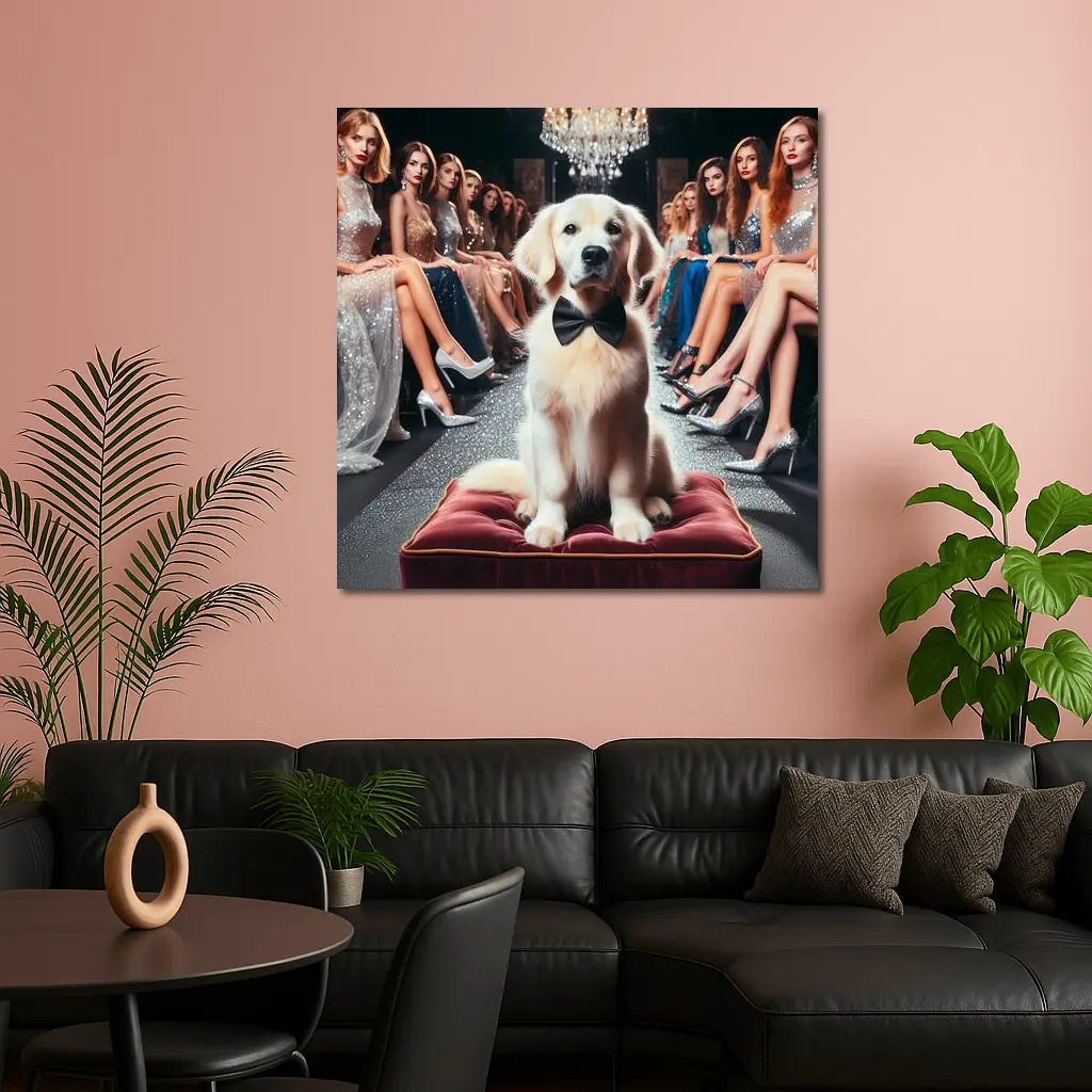 Golden Retriever Bow Tie Fashion Show Setting – Wall Art