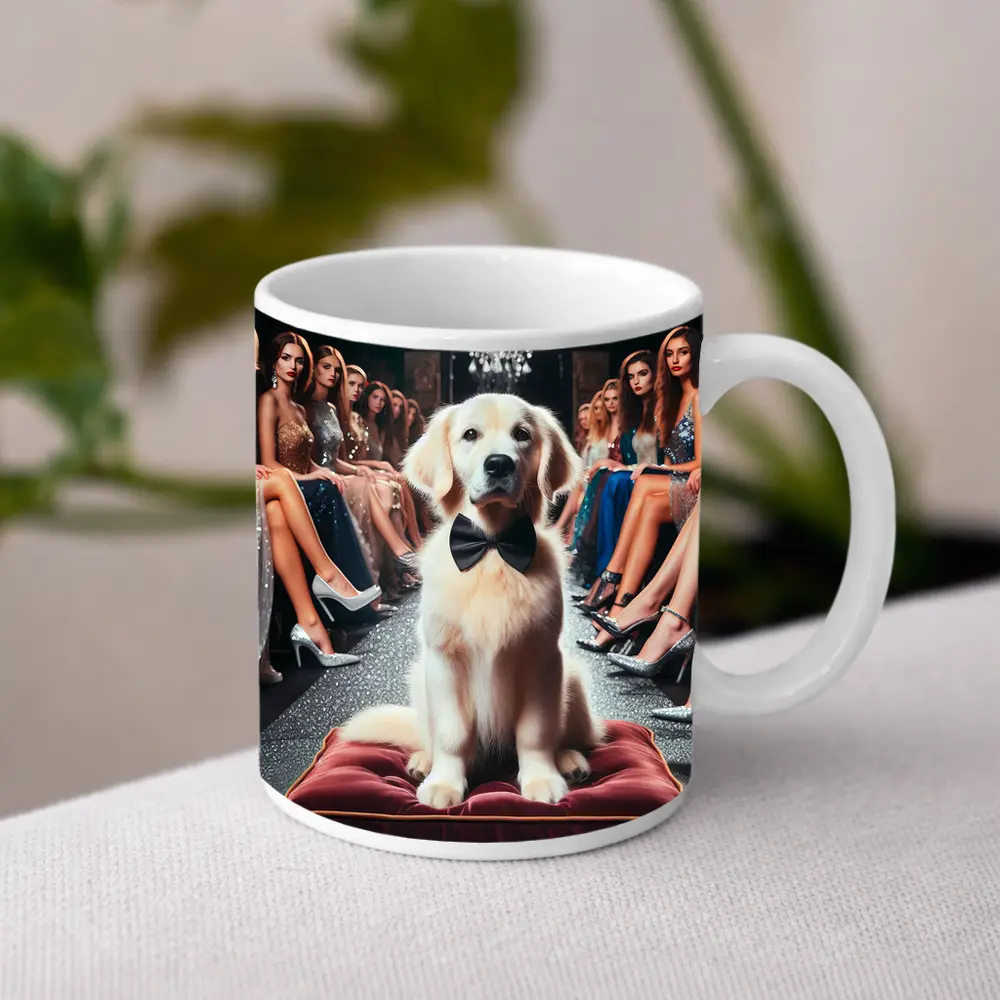 Golden Retriever Bow Tie Fashion Show Setting – Mugs