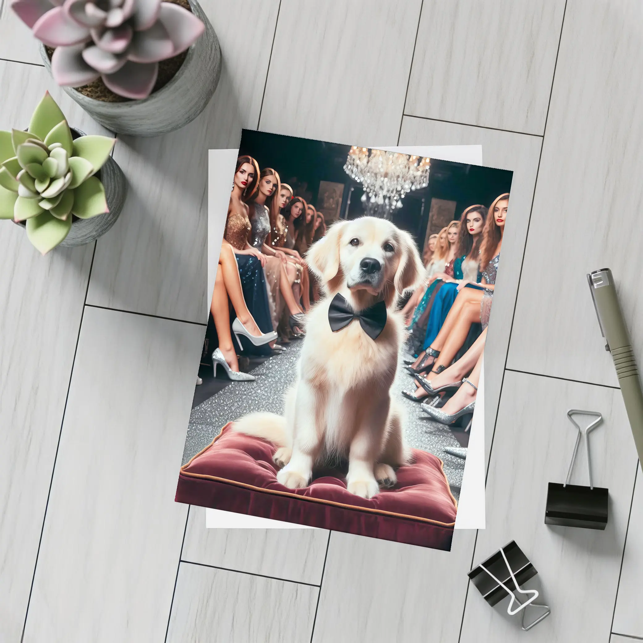 Golden Retriever Bow Tie Fashion Show Setting – Postcards
