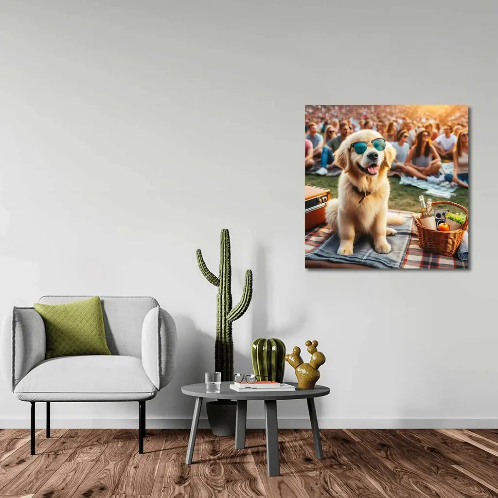 Golden Retriever Sunglasses Outdoor Picnic Crowd – Wall Art