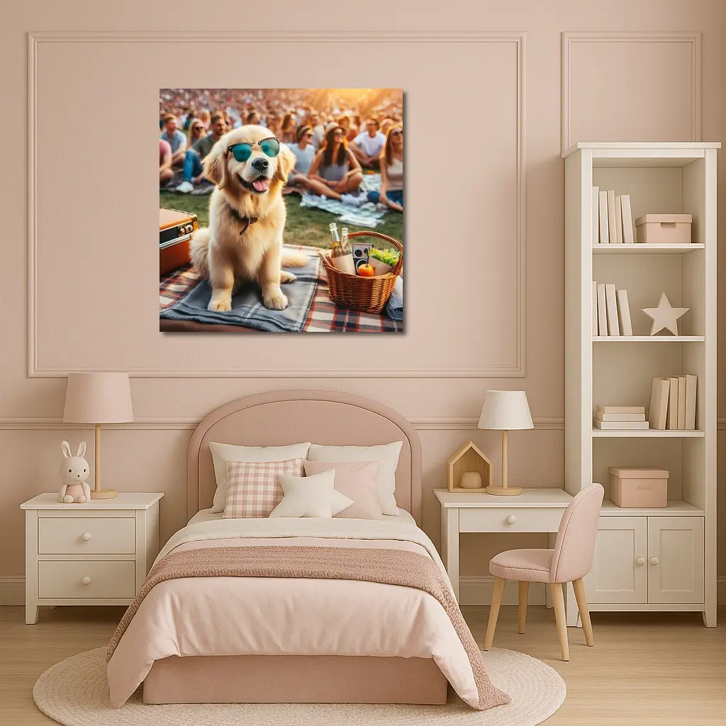 Golden Retriever Sunglasses Outdoor Picnic Crowd – Wall Art
