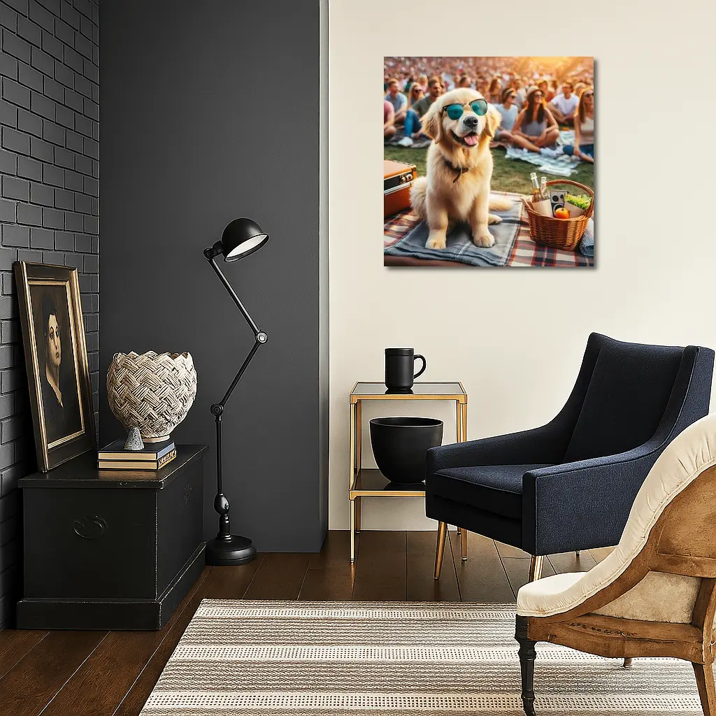 Golden Retriever Sunglasses Outdoor Picnic Crowd – Wall Art