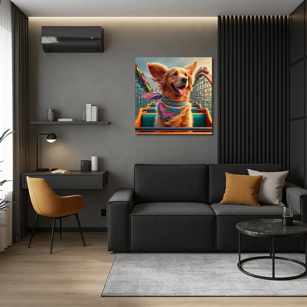 Golden Retriever Riding Roller Coaster Amusement Park – Wall Art
