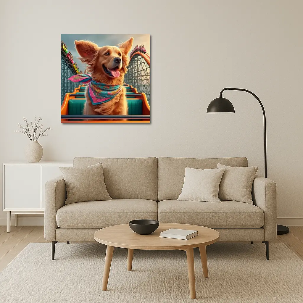 Golden Retriever Riding Roller Coaster Amusement Park – Wall Art