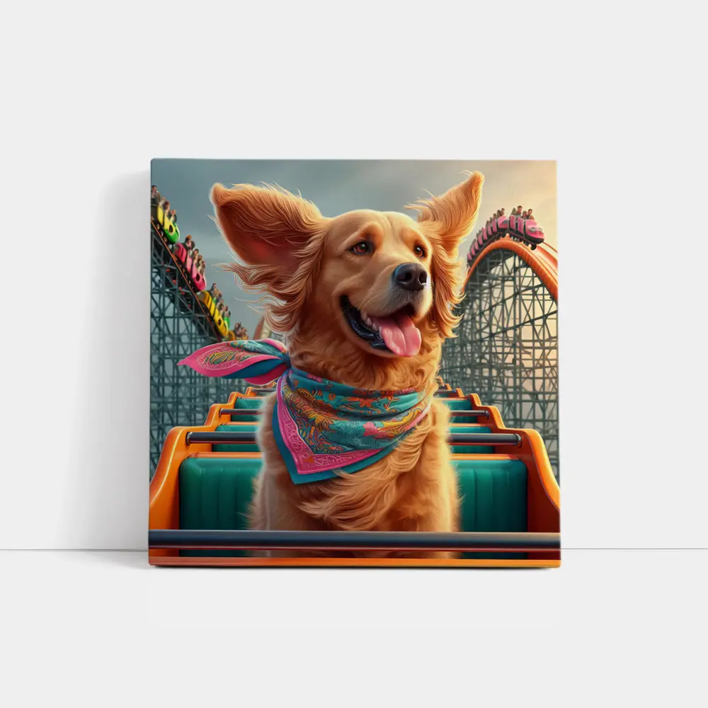 Golden Retriever Riding Roller Coaster Amusement Park – Wall Art