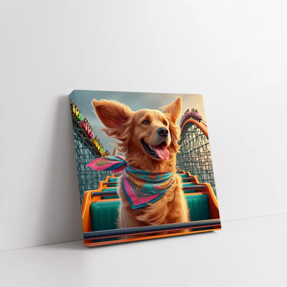 Golden Retriever Riding Roller Coaster Amusement Park – Wall Art