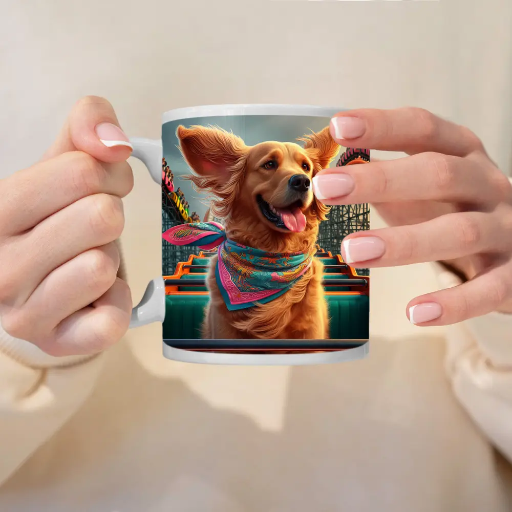 Golden Retriever Riding Roller Coaster Amusement Park – Mugs