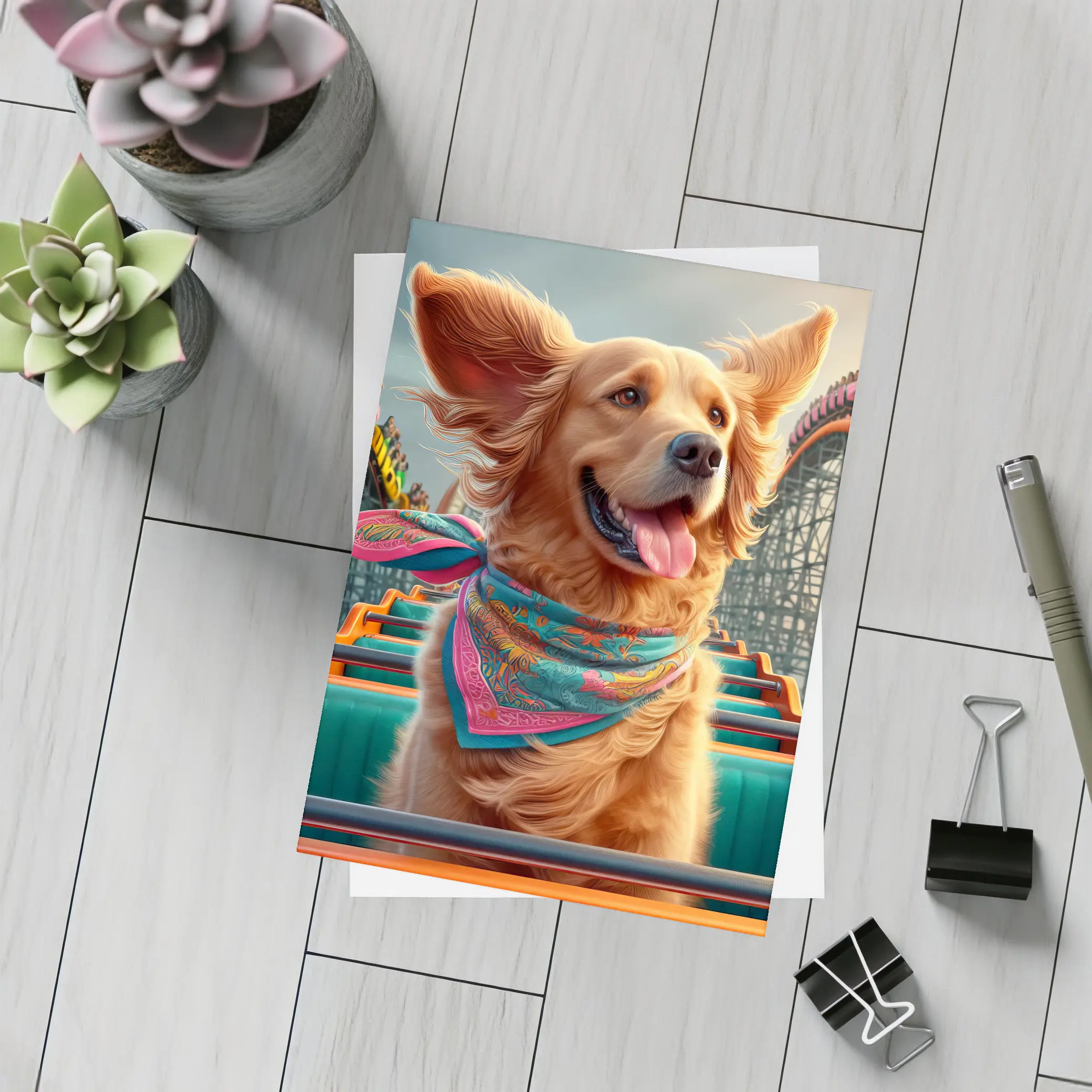 Golden Retriever Riding Roller Coaster Amusement Park – Postcards