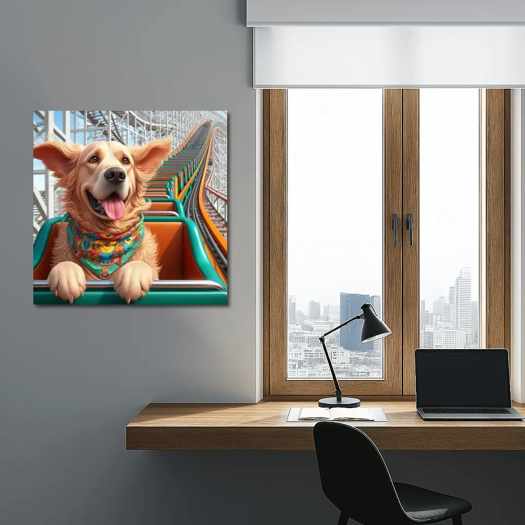 Golden Retriever Riding Roller Coaster Cartoon – Wall Art