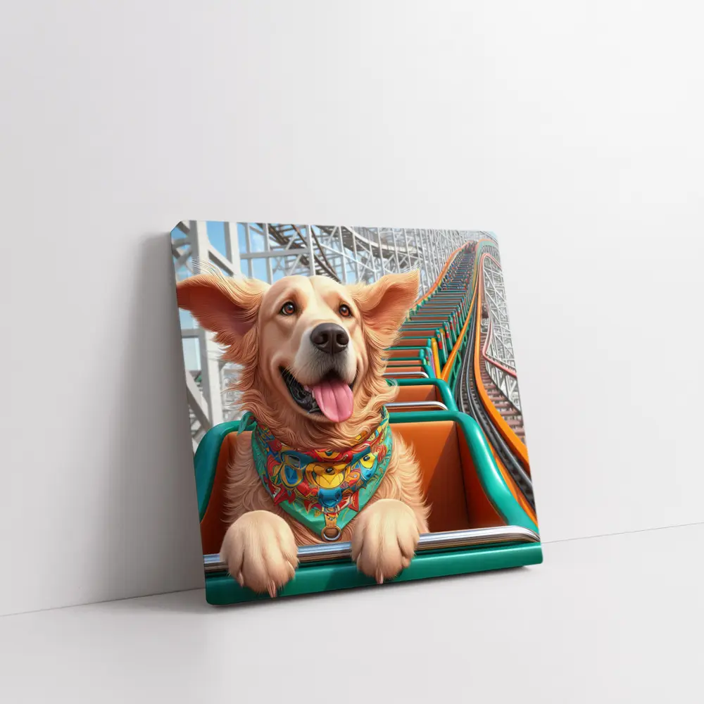 Golden Retriever Riding Roller Coaster Cartoon – Wall Art