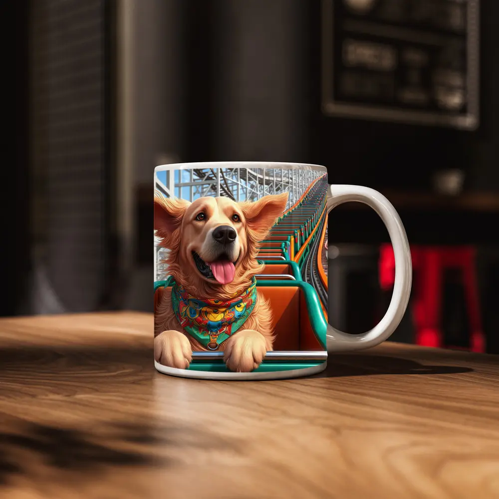 Golden Retriever Riding Roller Coaster Cartoon – Mugs