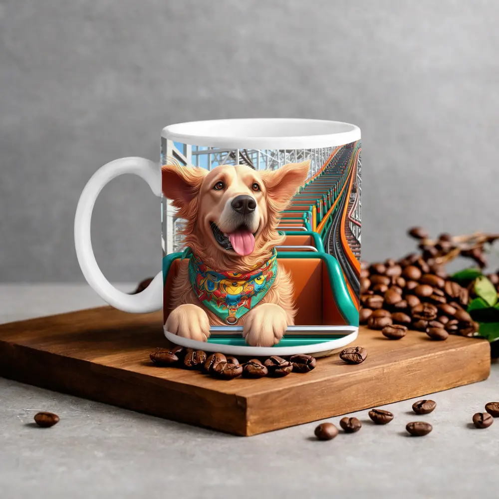 Golden Retriever Riding Roller Coaster Cartoon – Mugs
