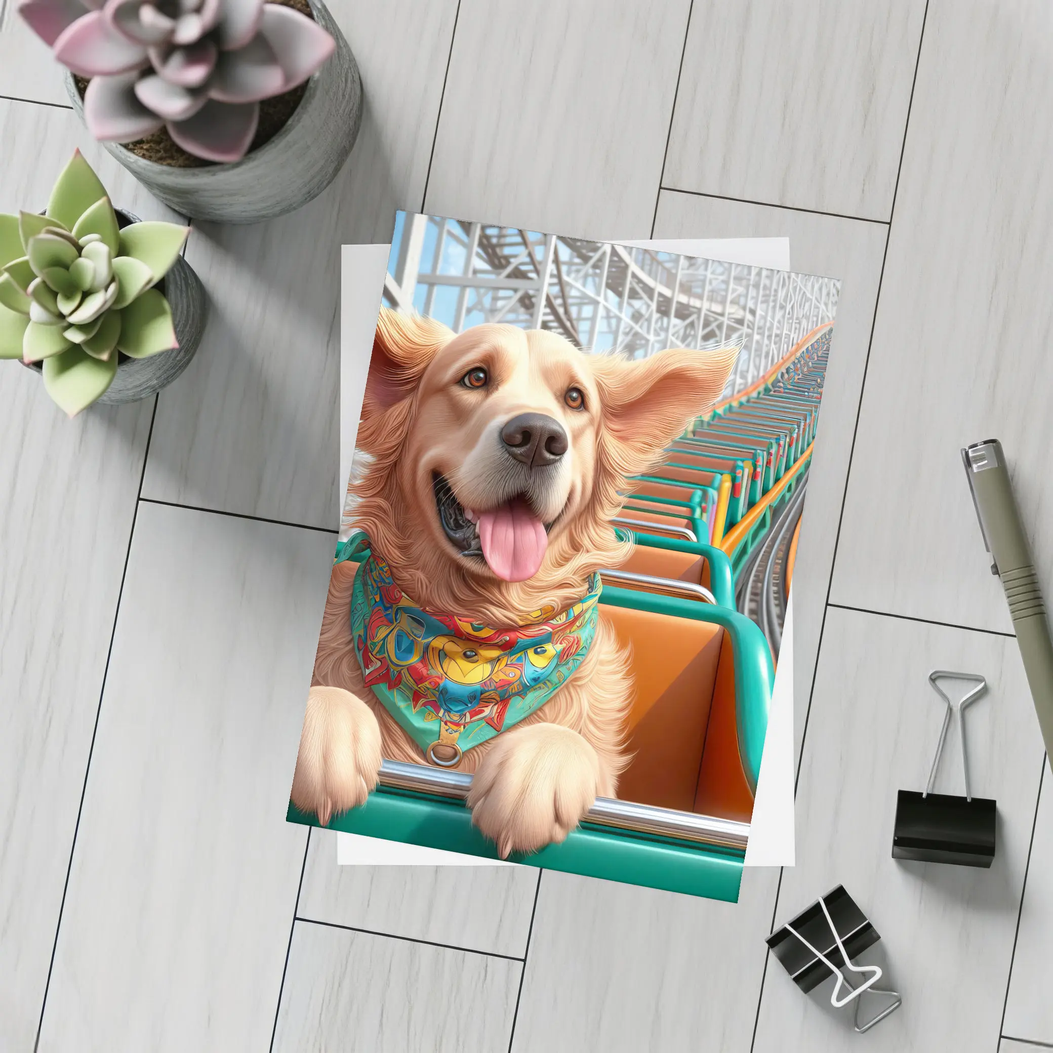 Golden Retriever Riding Roller Coaster Cartoon – Postcards