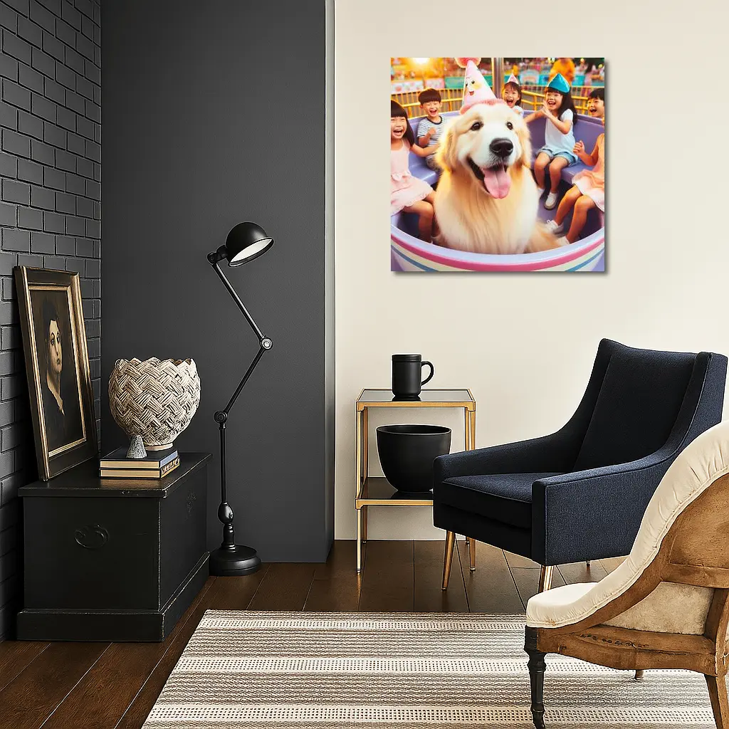 Golden Retriever Party Hat Amusement Park Ride – Wall Art