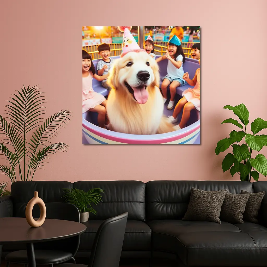Golden Retriever Party Hat Amusement Park Ride – Wall Art