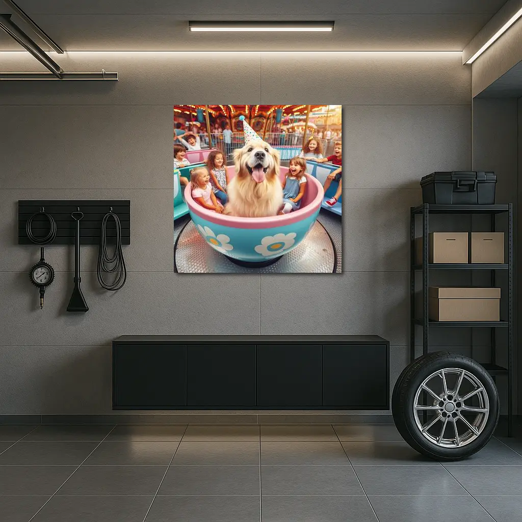Golden Retriever Dog Riding Teacup Carnival Ride – Wall Art