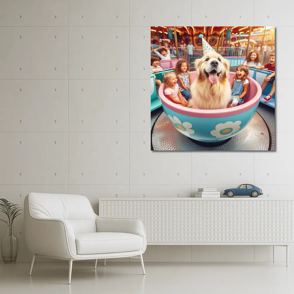 Golden Retriever Dog Riding Teacup Carnival Ride – Wall Art