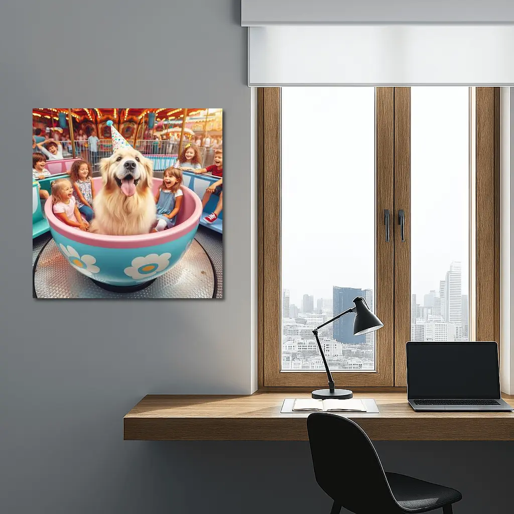 Golden Retriever Dog Riding Teacup Carnival Ride – Wall Art