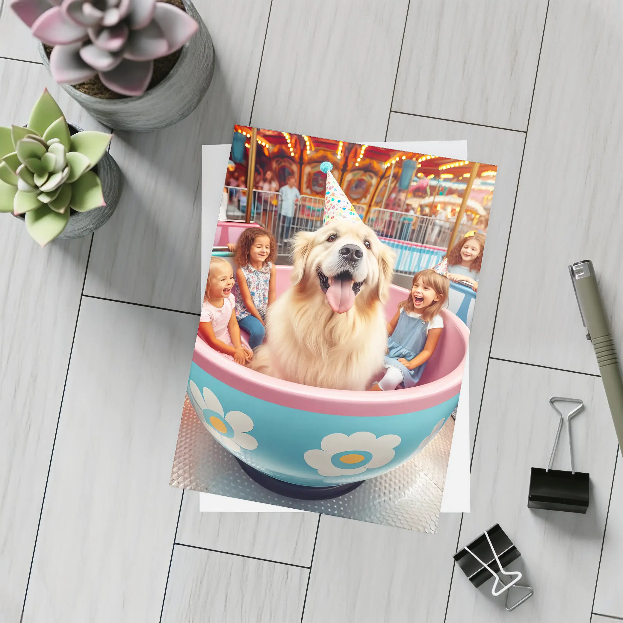 Golden Retriever Dog Riding Teacup Carnival Ride – Postcards