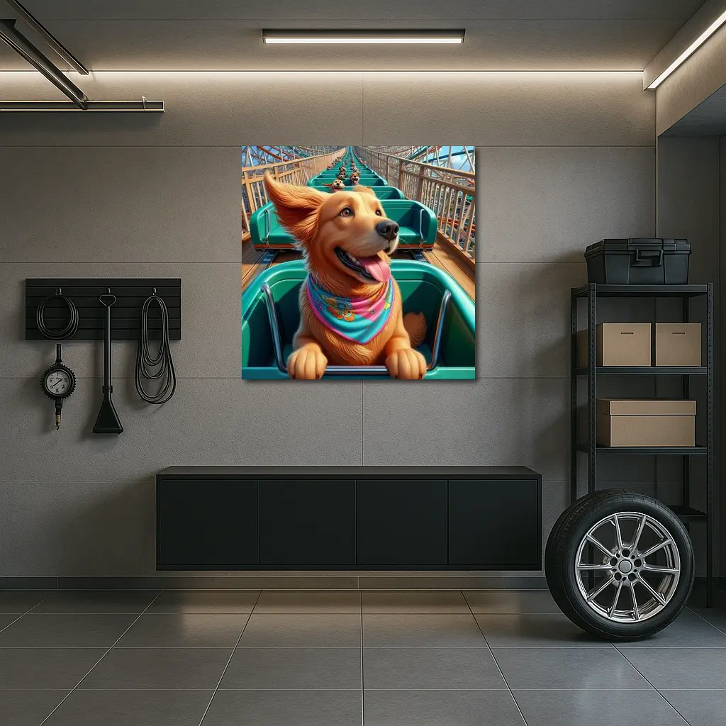 Golden Retriever Riding Roller Coaster Cartoon – Wall Art