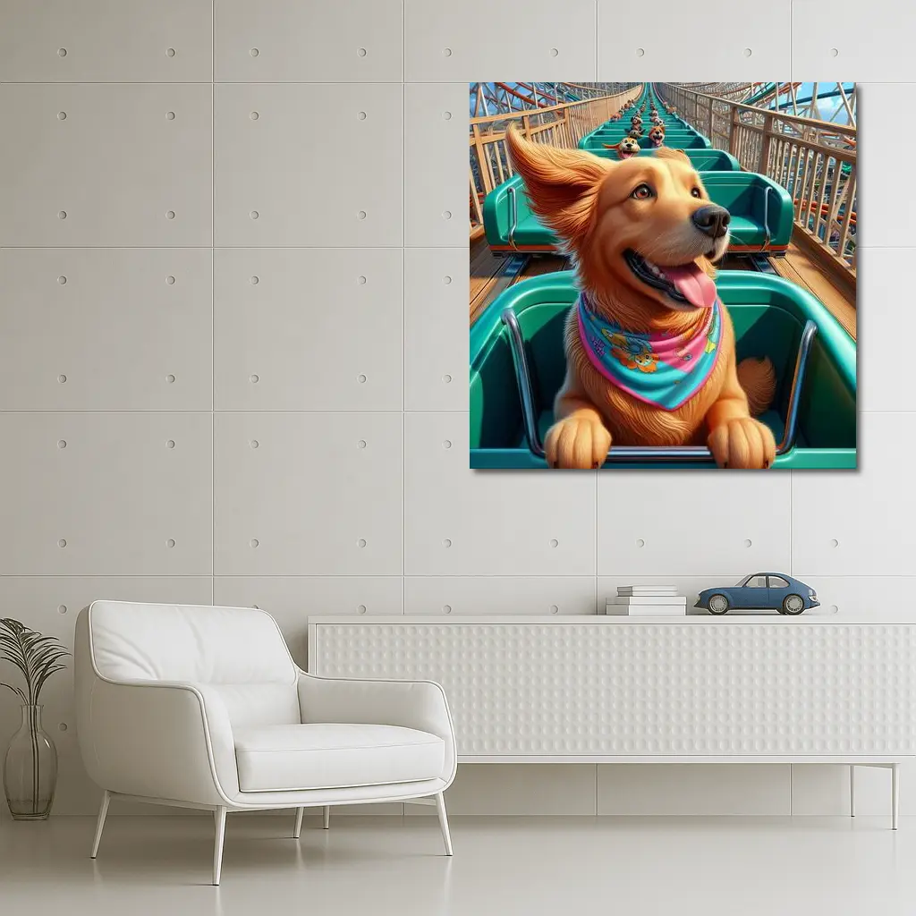 Golden Retriever Riding Roller Coaster Cartoon – Wall Art