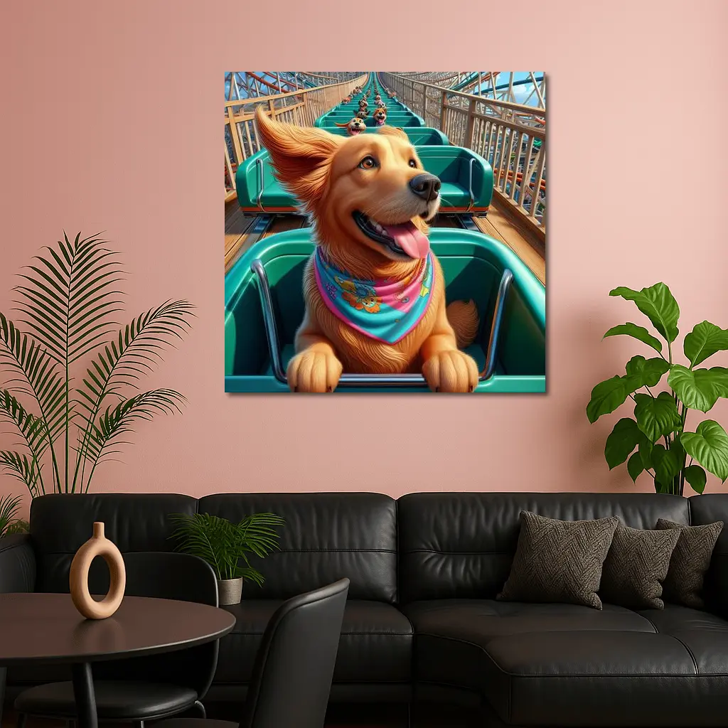 Golden Retriever Riding Roller Coaster Cartoon – Wall Art