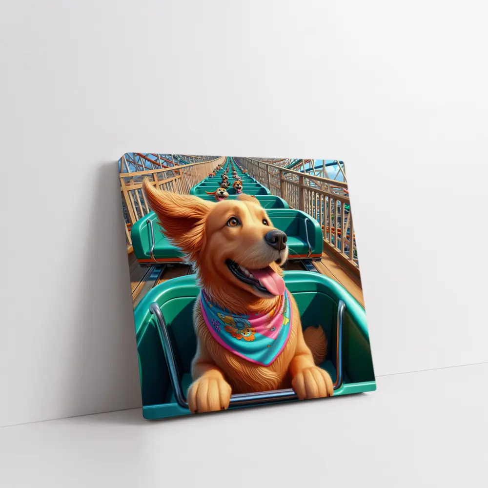 Golden Retriever Riding Roller Coaster Cartoon – Wall Art