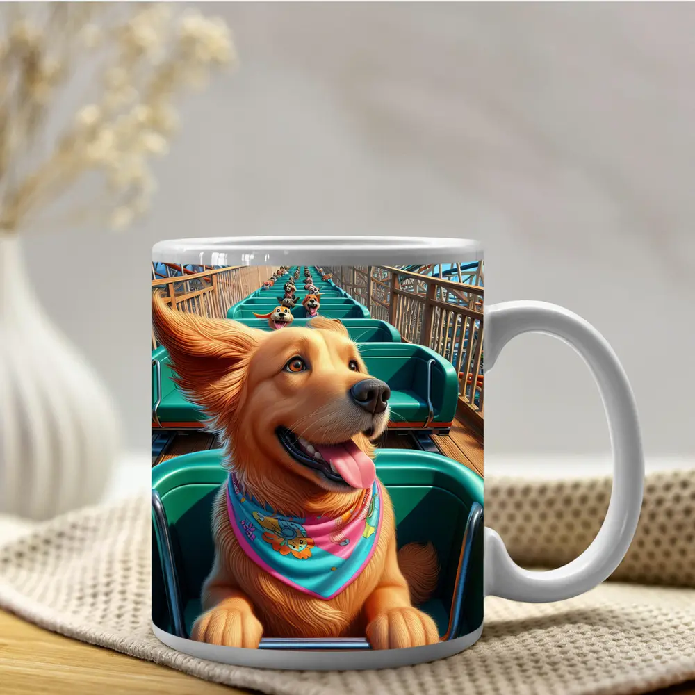Golden Retriever Riding Roller Coaster Cartoon – Mugs