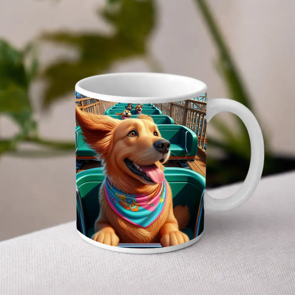 Golden Retriever Riding Roller Coaster Cartoon – Mugs