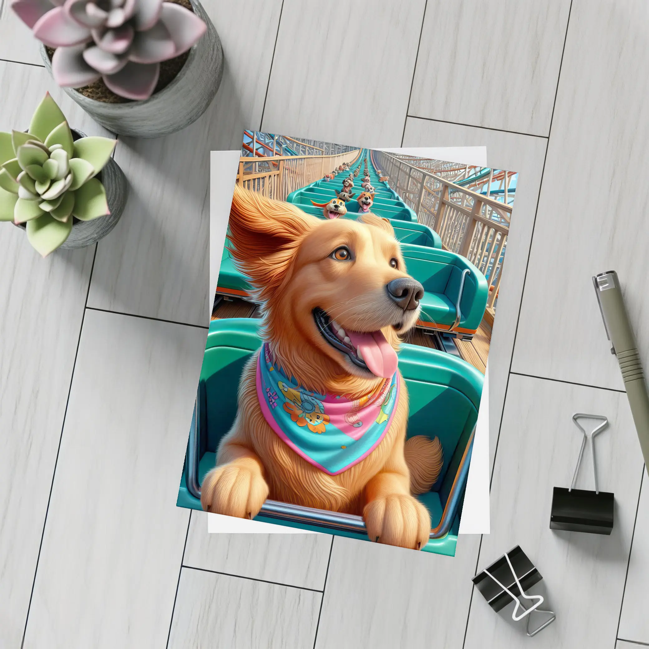 Golden Retriever Riding Roller Coaster Cartoon – Postcards
