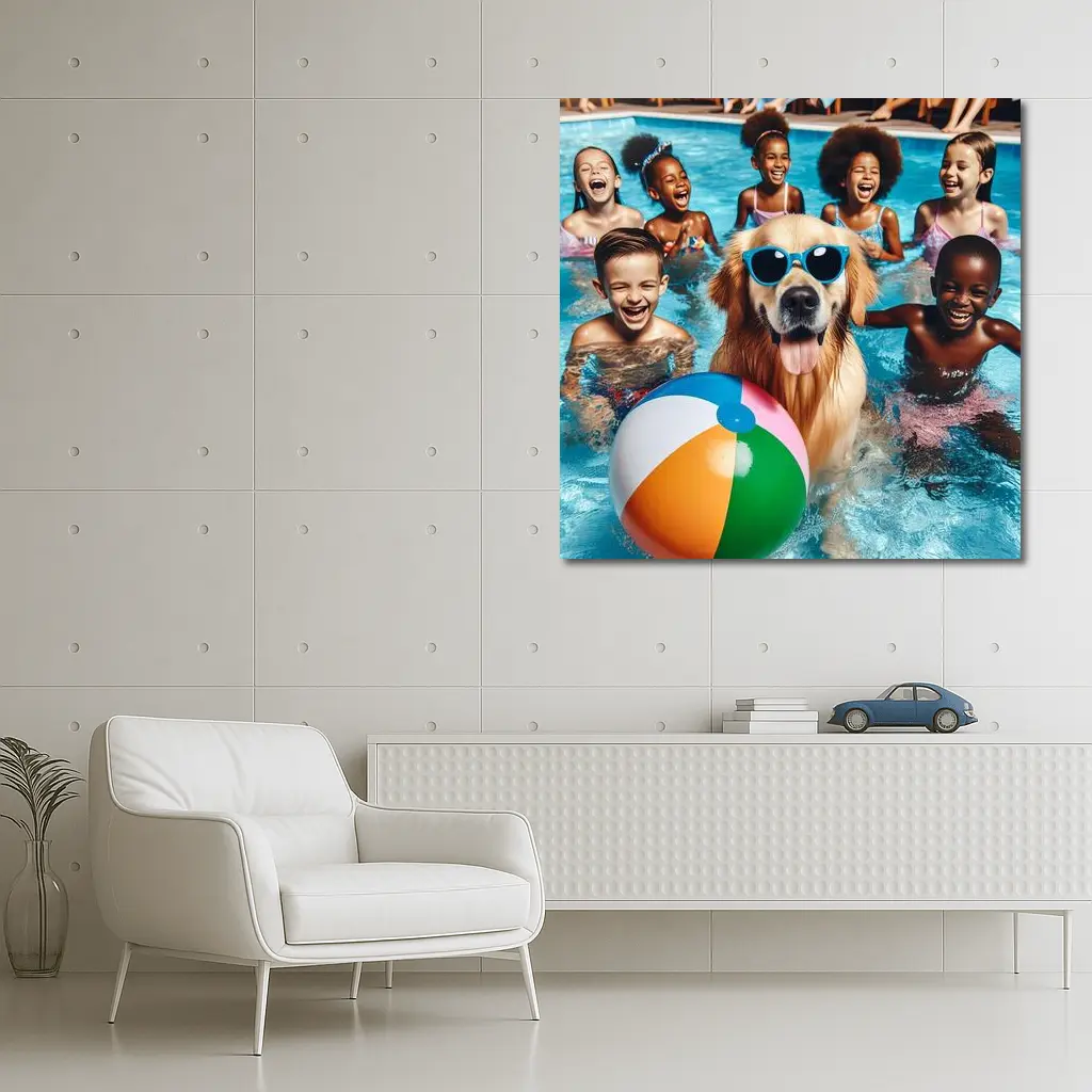 Golden Retriever With Sunglasses Pool Party – Wall Art