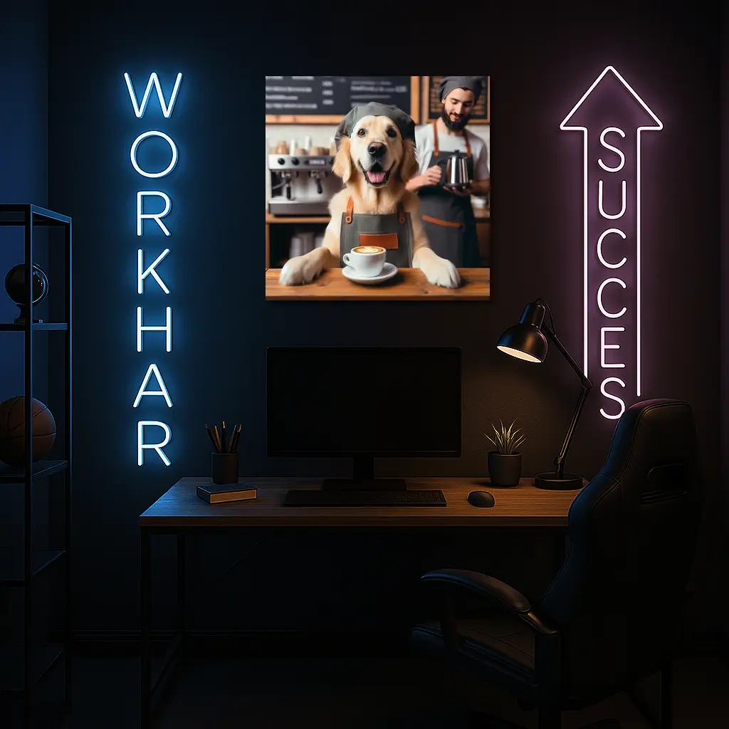 Golden Retriever Barista In Coffee Shop – Wall Art