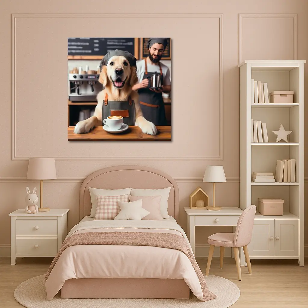 Golden Retriever Barista In Coffee Shop – Wall Art