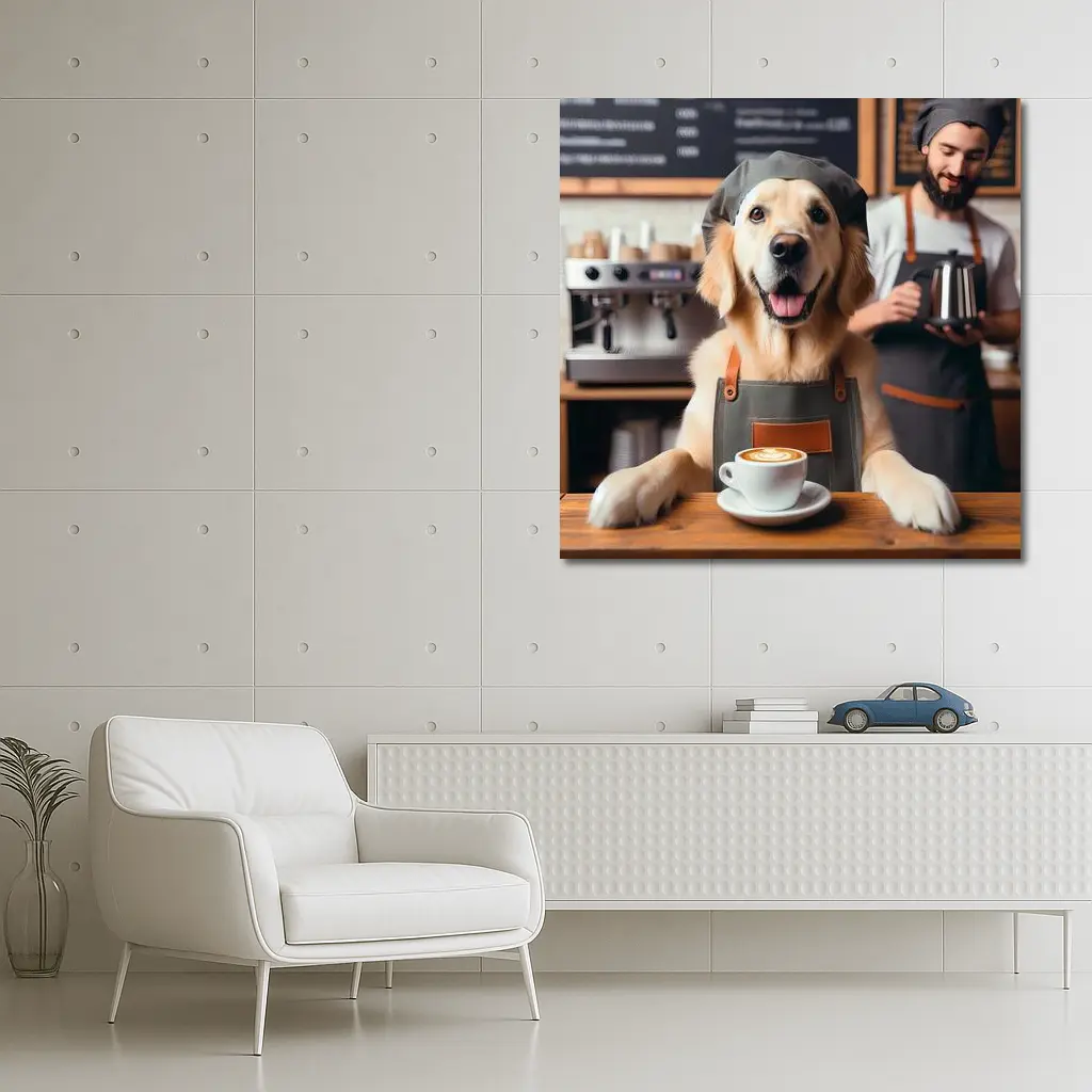 Golden Retriever Barista In Coffee Shop – Wall Art