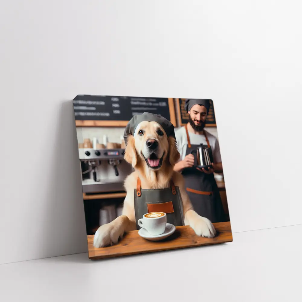 Golden Retriever Barista In Coffee Shop – Wall Art