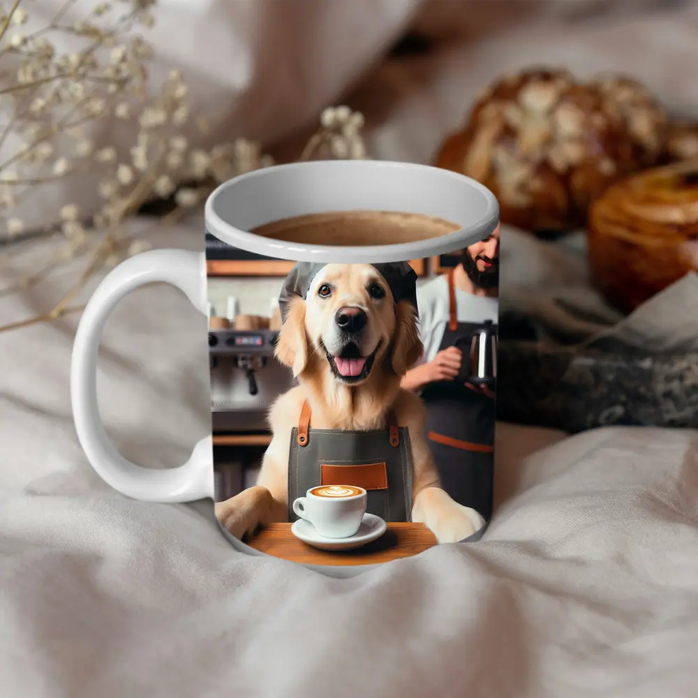 Golden Retriever Barista In Coffee Shop – Mugs